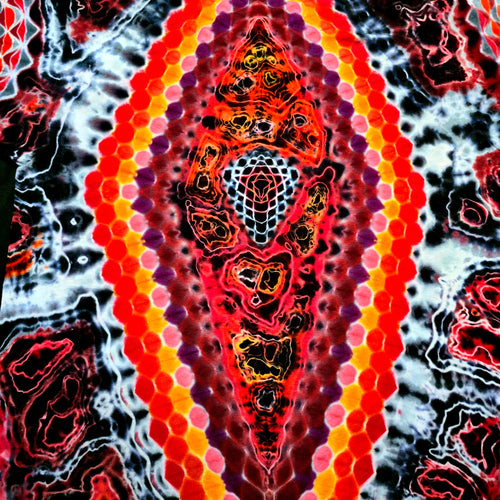 Vibrant psychedelic abstract artwork featuring a central vertical oval motif with concentric rows of red, orange, yellow, and purple hexagons, surrounded by black, white, and red marbled organic patterns.