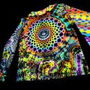 A long-sleeve crewneck shirt featuring a highly vibrant, psychedelic tie-dye pattern with a large mandala design on the front and geometric patterns on the sleeves, shown against a solid black background.