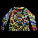 A long-sleeve crewneck shirt featuring a vibrant, all-over psychedelic print with a central mandala and rainbow patterns, displayed against a solid black background.