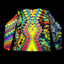 A long-sleeve crewneck shirt featuring a highly vibrant, symmetrical psychedelic print with neon colors including yellow, green, blue, orange, and purple on a black base, shown against a solid black background.