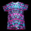 A short-sleeve tie-dye t-shirt. The shirt features a vibrant, symmetrical tie-dye pattern with swirling waves of magenta pink, cyan blue, and dark green.