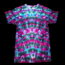 A short-sleeve tie-dye t-shirt. The shirt features a vibrant, symmetrical tie-dye pattern with waves of magenta pink, teal blue, and dark green.
