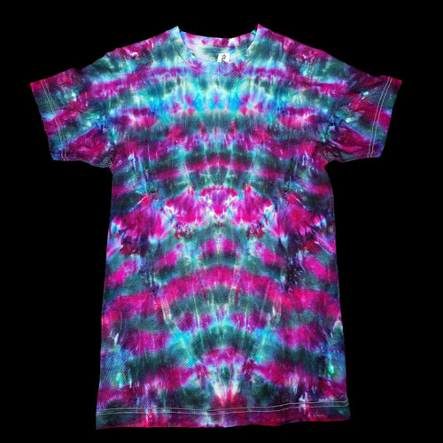 A short-sleeve tie-dye t-shirt. The shirt features a vibrant, symmetrical tie-dye pattern with waves of magenta pink, teal blue, and dark green.