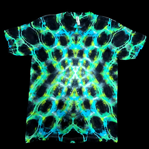 A short-sleeve crewneck t-shirt featuring a vibrant, symmetrical psychedelic tie-dye pattern in neon green, cyan, and black on a solid black background.
