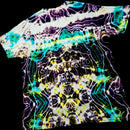 A short-sleeve crewneck t-shirt featuring a vibrant, symmetrical psychedelic tie-dye pattern with neon green, yellow, purple, and white on a black base, shown against a solid black background.