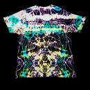 A short-sleeve crewneck t-shirt featuring a psychedelic, symmetrical tie-dye pattern with purple, teal, yellow, and white wavy lines on a black background.