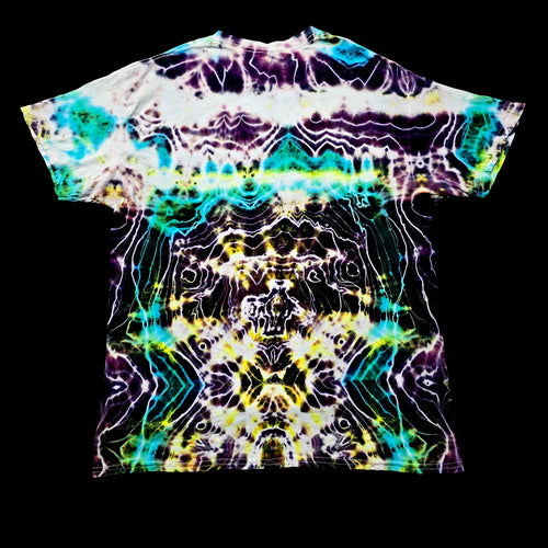 A short-sleeve crewneck t-shirt featuring a psychedelic, symmetrical tie-dye pattern with purple, teal, yellow, and white wavy lines on a black background.