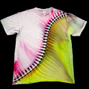 A short-sleeve crewneck tie-dye t-shirt laid flat against a solid black background. The shirt features a spiral tie-dye pattern transitioning from white on the left, through vibrant pink, to a bright neon yellow-green on the right.