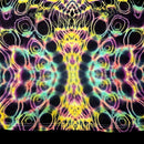 A close-up of a tie-dye fabric with a highly symmetrical, psychedelic pattern featuring neon yellow, pink, green, and purple swirls and circular motifs on a dark base.