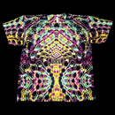 A short-sleeve crewneck t-shirt featuring a vibrant, symmetrical psychedelic tie-dye pattern with neon pink, yellow, green, and blue swirls on a black base, presented flat against a solid black background.