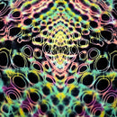 A close-up of a tie-dye fabric featuring a symmetrical, kaleidoscopic pattern of neon pink, yellow, green, and blue rings on a black background.