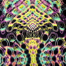 A close-up of a tie-dye fabric with a highly symmetrical, psychedelic pattern featuring neon yellow, pink, green, and purple concentric ring motifs on a black background.