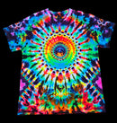 A short-sleeve crewneck tie-dye t-shirt featuring a vibrant, symmetrical mandala spiral pattern in neon rainbow colors.