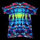 A short-sleeve tie-dye t-shirt with a vibrant, symmetrical pattern of blue, purple, green, and red.