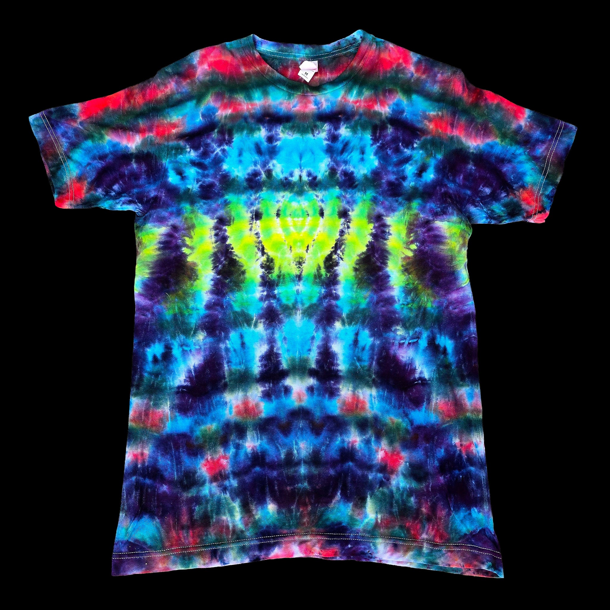 A short-sleeve tie-dye t-shirt with a vibrant, symmetrical pattern of blue, purple, green, and red.