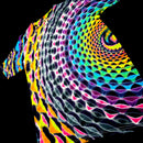 A short-sleeve t-shirt with a vibrant, psychedelic spiral pattern in neon yellow, pink, green, blue, and purple over a black base, shown against a solid black background.