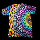 A short-sleeve crewneck t-shirt featuring a vibrant, psychedelic optical illusion print with a rainbow spiral and wavy patterns on a black background.