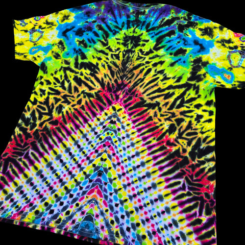 A short-sleeve tie-dye t-shirt with a vibrant, symmetrical rainbow spiral pattern on a solid black background.