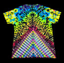 A short-sleeve crewneck t-shirt featuring a vibrant, symmetrical tie-dye pattern with neon yellow, green, blue, pink, and purple radiating from the collar, displayed flat against a solid black background.