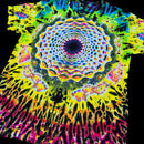 A short-sleeve tie-dye T-shirt laid flat against a black background, featuring a vivid psychedelic mandala and tunnel design with neon yellow, green, blue, pink, orange, and black swirls.