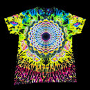A short-sleeve crewneck t-shirt featuring a vibrant, symmetrical psychedelic mandala tie-dye pattern in neon yellow, green, blue, pink, and purple on a black background.