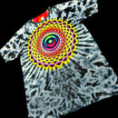 A short-sleeve tie-dye T-shirt laid flat on a black background, featuring a large multicolor spiral mandala graphic on the chest over a black, white, and gray tie-dye pattern.