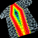 A tie-dye t-shirt with a vibrant rainbow gradient diamond pattern running diagonally from the collar to the hem, set against a solid black background.
