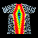 A short-sleeve tie-dye T-shirt laid flat against a black background. The shirt features a black and white marbled tie-dye pattern with a large, vibrant vertical rainbow diamond design running down the center.