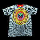 A short-sleeve tie-dye t-shirt featuring a large, vibrant mandala design in the center. The shirt has a blue, gray, and white tie-dye pattern with a bright multicolor spiral mandala graphic on the chest, displayed against a solid black background.