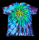 A short-sleeve tie-dye t-shirt featuring a vibrant spiral pattern with bright green, blue, purple, and black dye radiating from the center, shown against a solid black background.