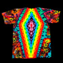 A short-sleeve t-shirt with a vibrant, symmetrical psychedelic tie-dye pattern featuring a central rainbow gradient and neon floral details on a black background.