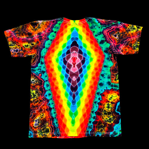 A short-sleeve t-shirt with a vibrant, symmetrical psychedelic tie-dye pattern featuring a central rainbow gradient and neon floral details on a black background.