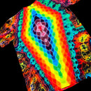 A short-sleeve t-shirt featuring a vibrant, multicolor tie-dye pattern with concentric rainbow diamond shapes and neon organic swirls on a black background.