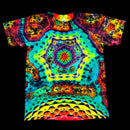 A short-sleeve crewneck t-shirt featuring a vibrant, psychedelic tie-dye pattern with a central kaleidoscopic mandala design in neon colors, shown flat against a solid black background.
