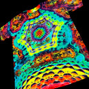 A short-sleeve tie-dye T-shirt with a highly vibrant, psychedelic mandala pattern in neon green, yellow, blue, purple, and red, shown against a solid black background.