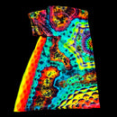 A short-sleeve t-shirt with a vibrant, multicolor psychedelic tie-dye pattern, shown flat against a solid black background.