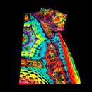 A short-sleeve t-shirt with a highly vibrant, multicolor psychedelic abstract print, displayed flat against a solid black background.