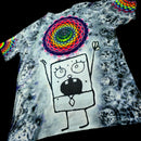 Back angled perspective of tie dye tee detailing DoodleBob line art, rainbow mandala, and sleeve scale folds
