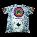 Back full flat view of tie dye shirt displaying hand painted DoodleBob under circular rainbow mandala on grey agate wash