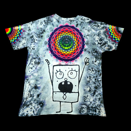 Back full flat view of tie dye shirt displaying hand painted DoodleBob under circular rainbow mandala on grey agate wash