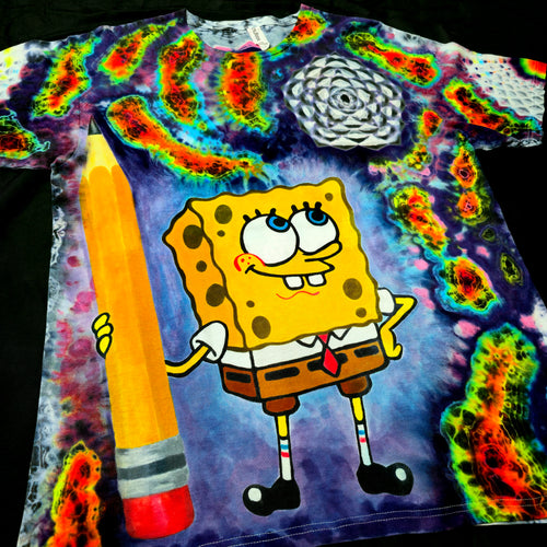 A short-sleeve tie-dye T-shirt featuring SpongeBob SquarePants holding a large yellow pencil, with a psychedelic neon rainbow tie-dye pattern on a black background.