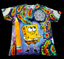 Front full flat view of handmade tie dye tee featuring hand painted SpongeBob with giant pencil and geode background
