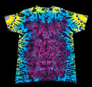 A short-sleeve tie-dye t-shirt displayed flat against a solid black background. The shirt features a vibrant, symmetrical tie-dye pattern with a large central magenta-purple area surrounded by concentric rings of bright blue, lime green, and yellow.