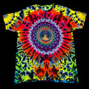 A short-sleeve crewneck t-shirt featuring a vibrant, symmetrical psychedelic tie-dye pattern with a central mandala and rainbow spiral, displayed flat against a solid black background.