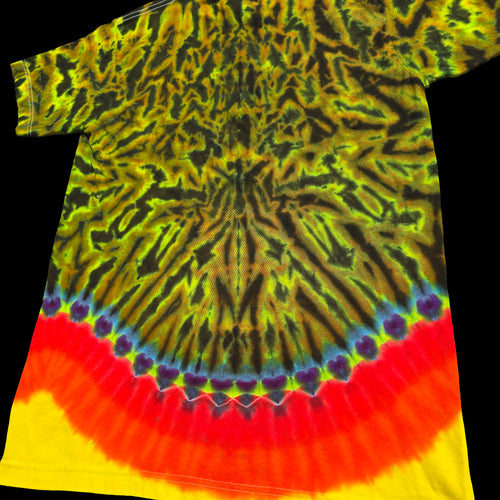 A short-sleeve tie-dye T-shirt, featuring a psychedelic radial pattern with yellow, green, black, red, orange, and purple bands.