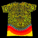 A short-sleeve tie-dye t-shirt. The shirt features a complex, symmetrical radial tie-dye pattern with yellow, green, and black dominating the upper body, and a contrasting wave of red, orange, and yellow with blue spiral accents along the lower hem.
