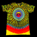A short-sleeve crewneck t-shirt featuring a vibrant psychedelic spiral tie-dye pattern with concentric circles in red, yellow, green, blue, and black.