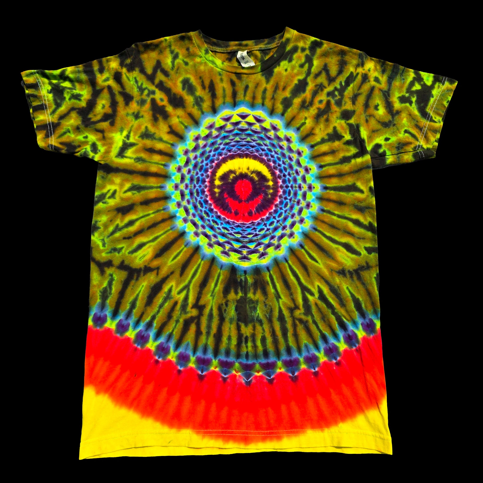 A short-sleeve crewneck t-shirt featuring a vibrant psychedelic spiral tie-dye pattern with concentric circles in red, yellow, green, blue, and black.