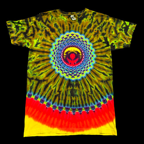 A short-sleeve crewneck t-shirt featuring a vibrant psychedelic spiral tie-dye pattern with concentric circles in red, yellow, green, blue, and black.