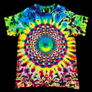 A short-sleeve crewneck t-shirt featuring a vibrant, multicolor tie-dye pattern with a large circular mandala design in the center, shown flat against a solid black background.